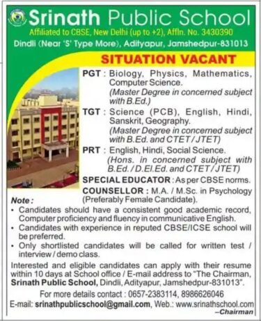 Explore Teacher Recruitment at Srinath Public School, Jamshedpur, Jharkhand