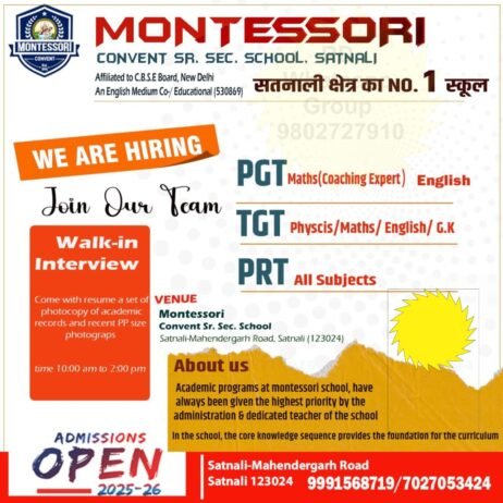 Teacher Recruitment at Montessori Convent Sr. Sec. School, Satnali, Mahendergarh,Haryana