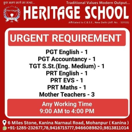 Teacher Job Opportunities at Heritage School, Mohanpur (Kanina), Haryana