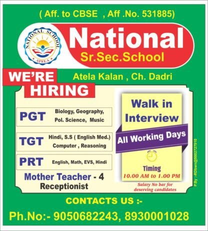 Exciting Teacher Job Vacancies at National Sr. Sec. School in Atela Kalan, Charkhi Dadri, Haryana