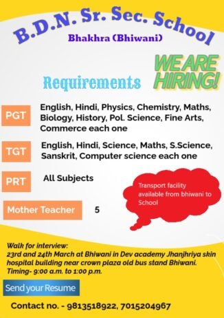 Teaching Opportunities at B.D.N. Sr. Sec. School, Bhakhra, Haryana