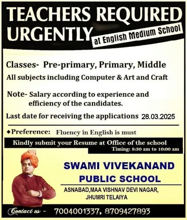 Teacher Recruitment at Swami Vivekanand Public School, Jhumri Telaiya, Jharkhand
