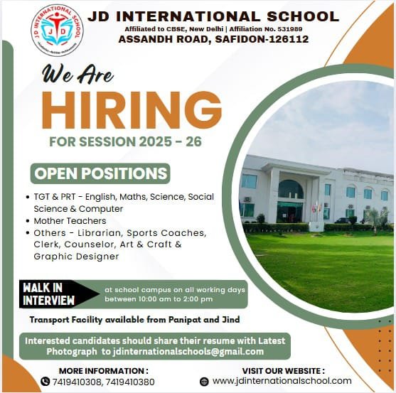 Teacher Vacancies at JD International School, Safidon, Haryana
