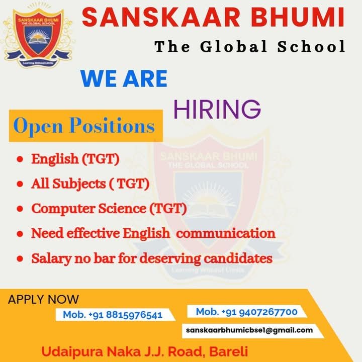 Teacher Recruitment at Sanskaar Bhumi – The Global School, Bareli, Uttar pradesh