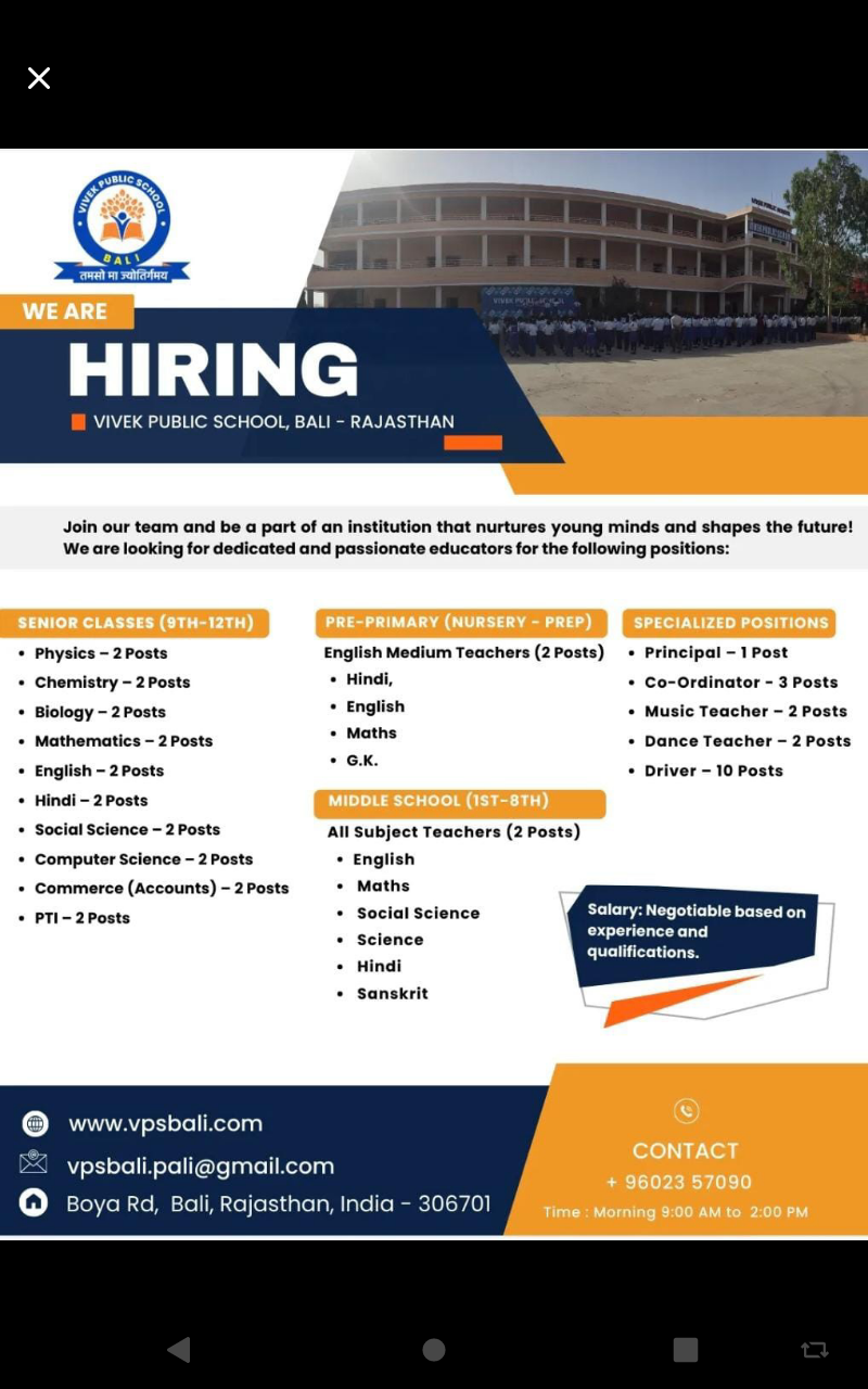 A Rewarding Opportunity for Educators at Vivek Public School, Bali, Rajasthan