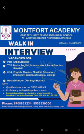 Exciting Teacher Recruitment at Montfort Academy,near Rajganj, Dhanbad, Jharkhand