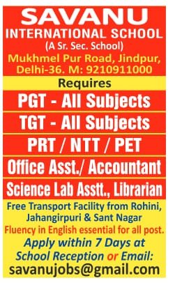 Job Opportunity at Savanu International School, Jindpur, Delhi