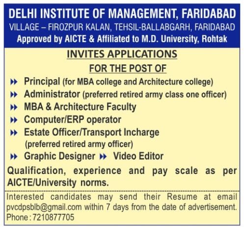 Job Opportunity at Delhi Institute of Management, Faridabad, Haryana