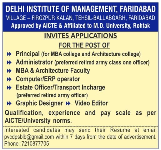 Job Opportunity at Delhi Institute of Management, Faridabad, Haryana