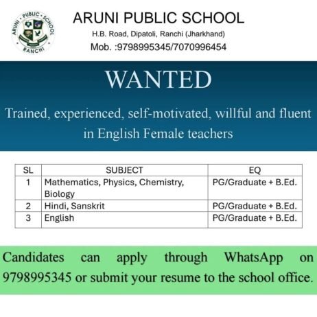 Female Teachers Wanted at Aruni Public School, Ranchi, Jharkhand