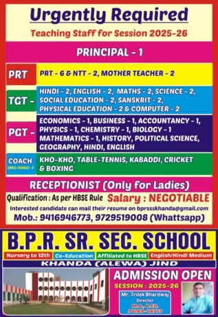 Teaching Jobs 2025-26 at B.P.R. Sr. Sec. School, Jind ,  Haryana