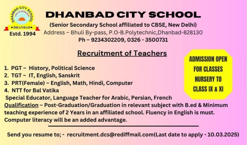 Teaching Jobs at Dhanbad City School ,Dhanbad, Jharkhand