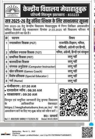 Job Opportunity at Kendriya Vidyalaya Meghahatuburu, West Singhbhum, Jharkhand