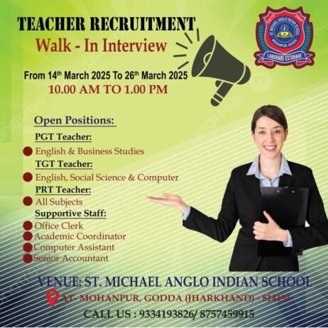 Job opportunity in St. Michael Anglo Indian School ,Godda, Jharkhand