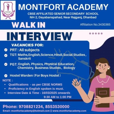 Montfort Academy Hiring Teachers & Hostel Warden, Dhanbad, Jharkhand