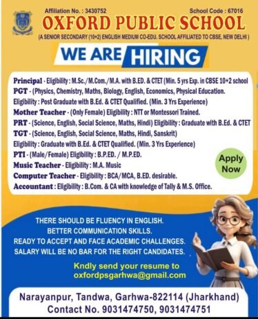 Job Opportunity at Oxford Public School, Garhwa, Jharkhand