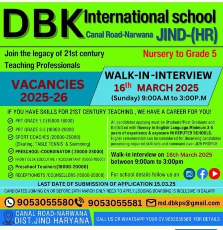 Teacher Job Vacancies at DBK International School, Jind, Haryana