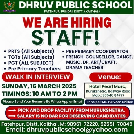 Teacher Job Vacancies at Dhruv Public School, Kaithal, Haryana