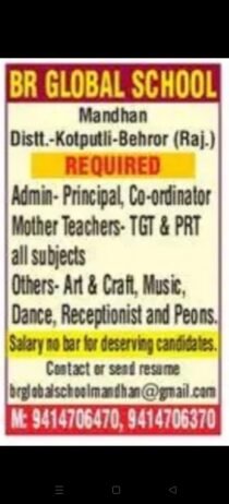 Teaching & Admin Jobs at BR Global School, Rajasthan,  Kotputli-Behror