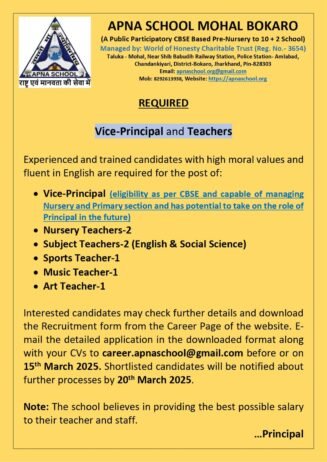 Teaching Opportunities at Apna School Mohal Bokaro, Jharkhand