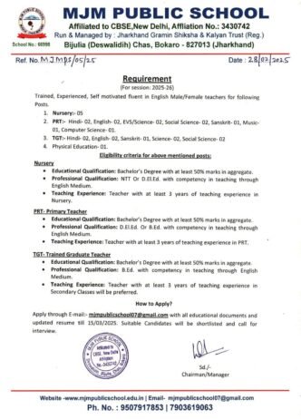 Exciting Teaching Opportunities at MJM Public School, Bokaro, Jharkhand