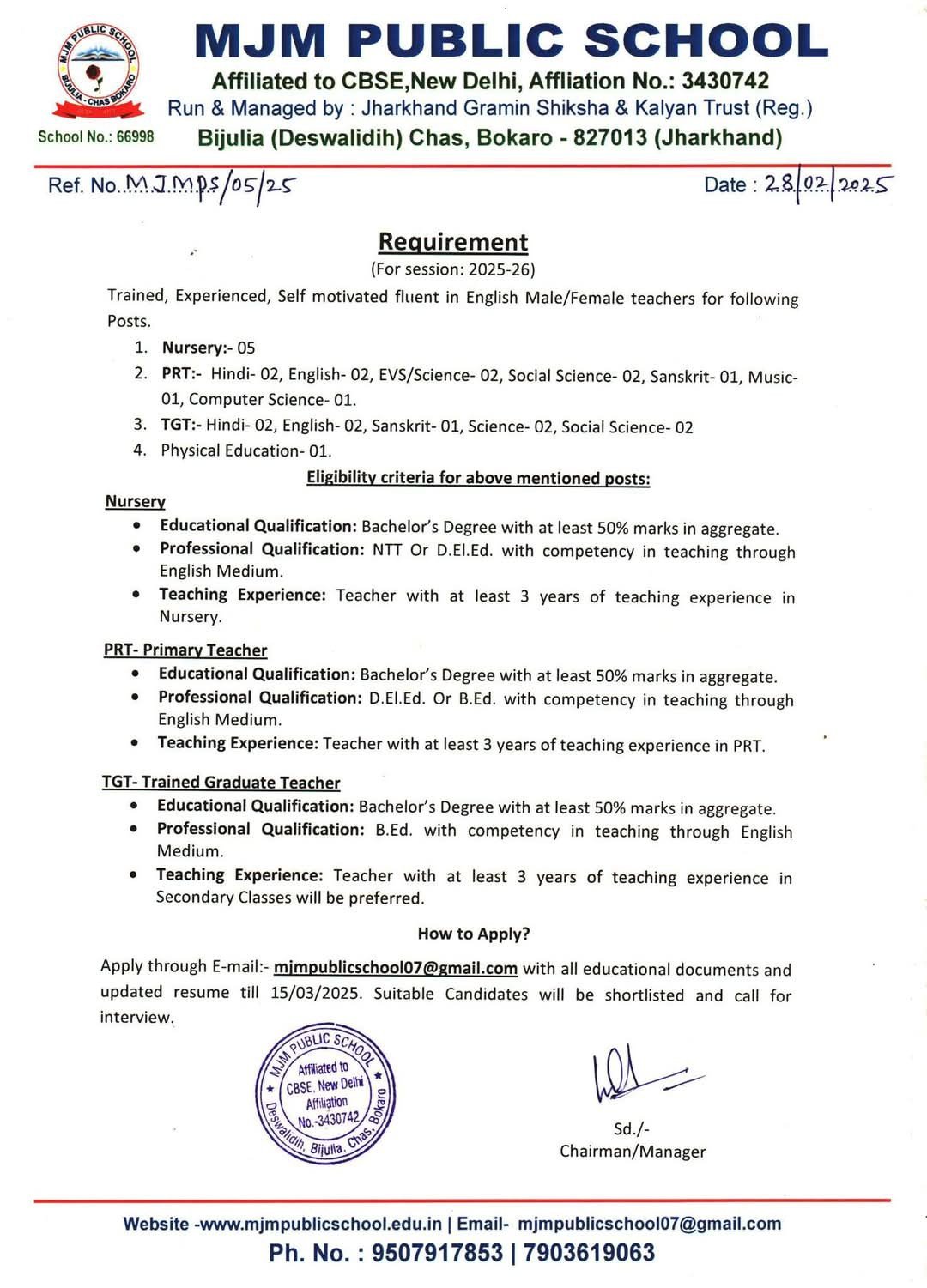 Exciting Teaching Opportunities at MJM Public School, Bokaro, Jharkhand