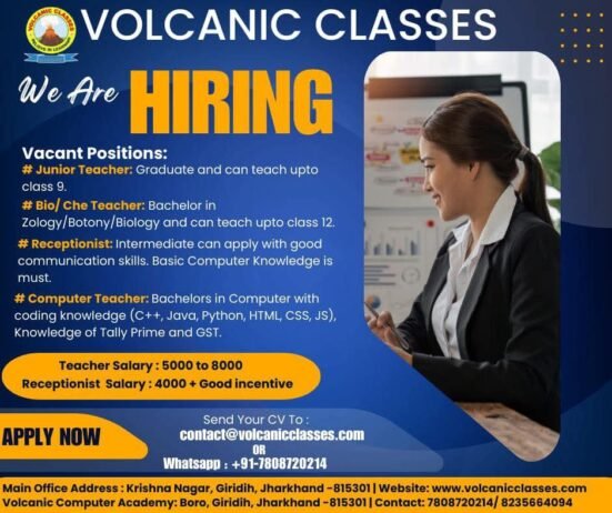 Exciting Teacher Job Requirment at Volcanic Classes, Krishna Nagar, Giridih, Jharkhand