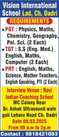 Exciting Teaching Opportunities at Vision International School, Lad, Charkhi Dadri, Haryana