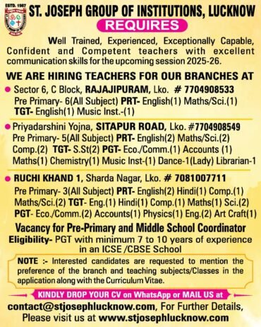 Teacher Recruitment at St. Joseph Group of Institutions, Lucknow, Uttar Pradesh