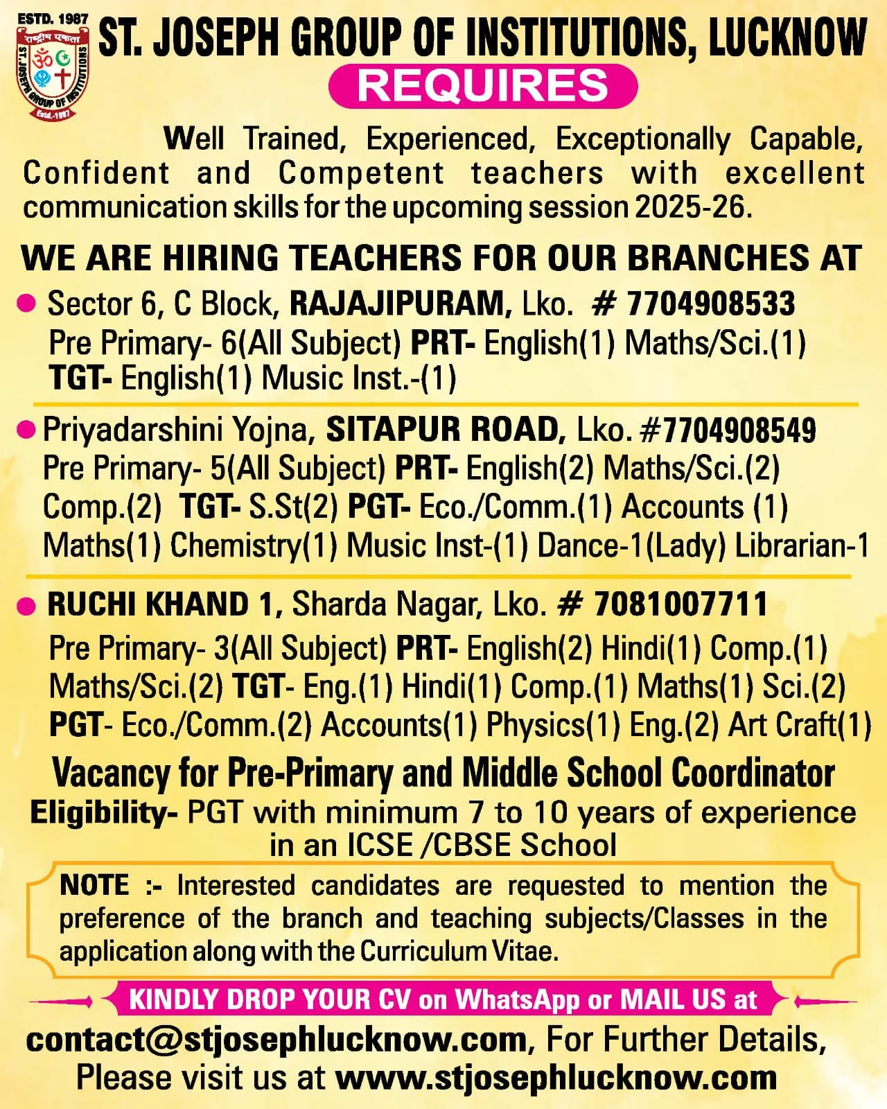 Teacher Recruitment at St. Joseph Group of Institutions, Lucknow, Uttar Pradesh