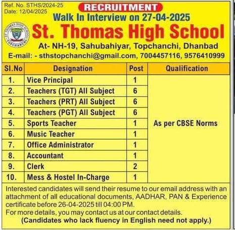 Job Vacancies at St. Thomas High School, Dhanbad, Jharkhand