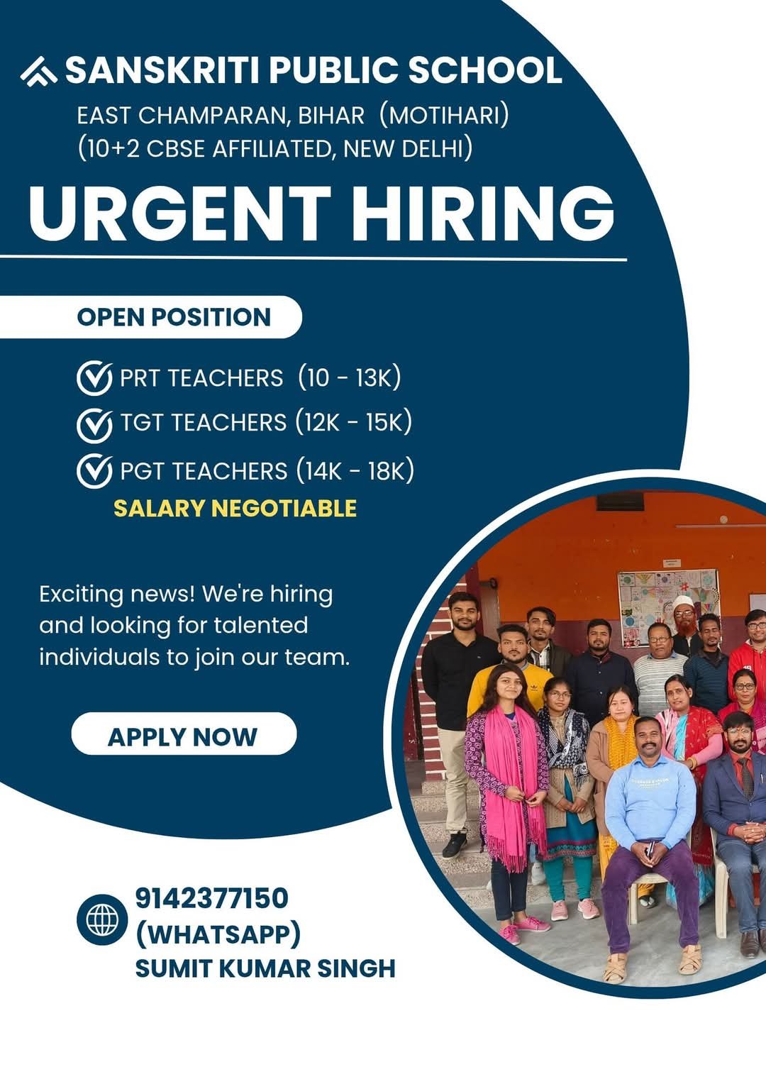 Teaching job at Sanskriti Public School,Motihari,Bihar