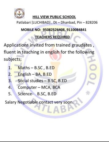 Teaching job at Hill View Public School,Dhanbad, Jharkhand