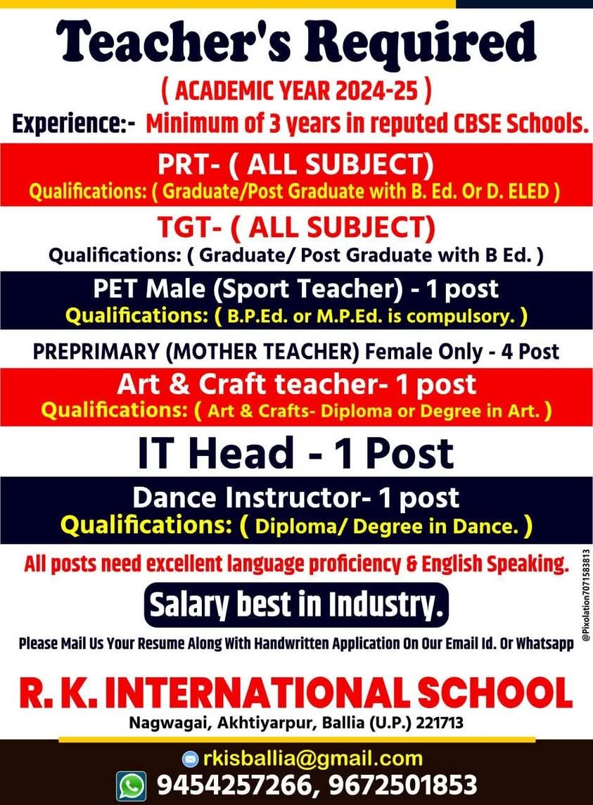 Job opportunity at R. K. International School ,Ballia,Uttar Pradesh