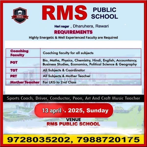 Teaching job opportunity in RMS Public School, Dharuhera, Rewari ,Haryana