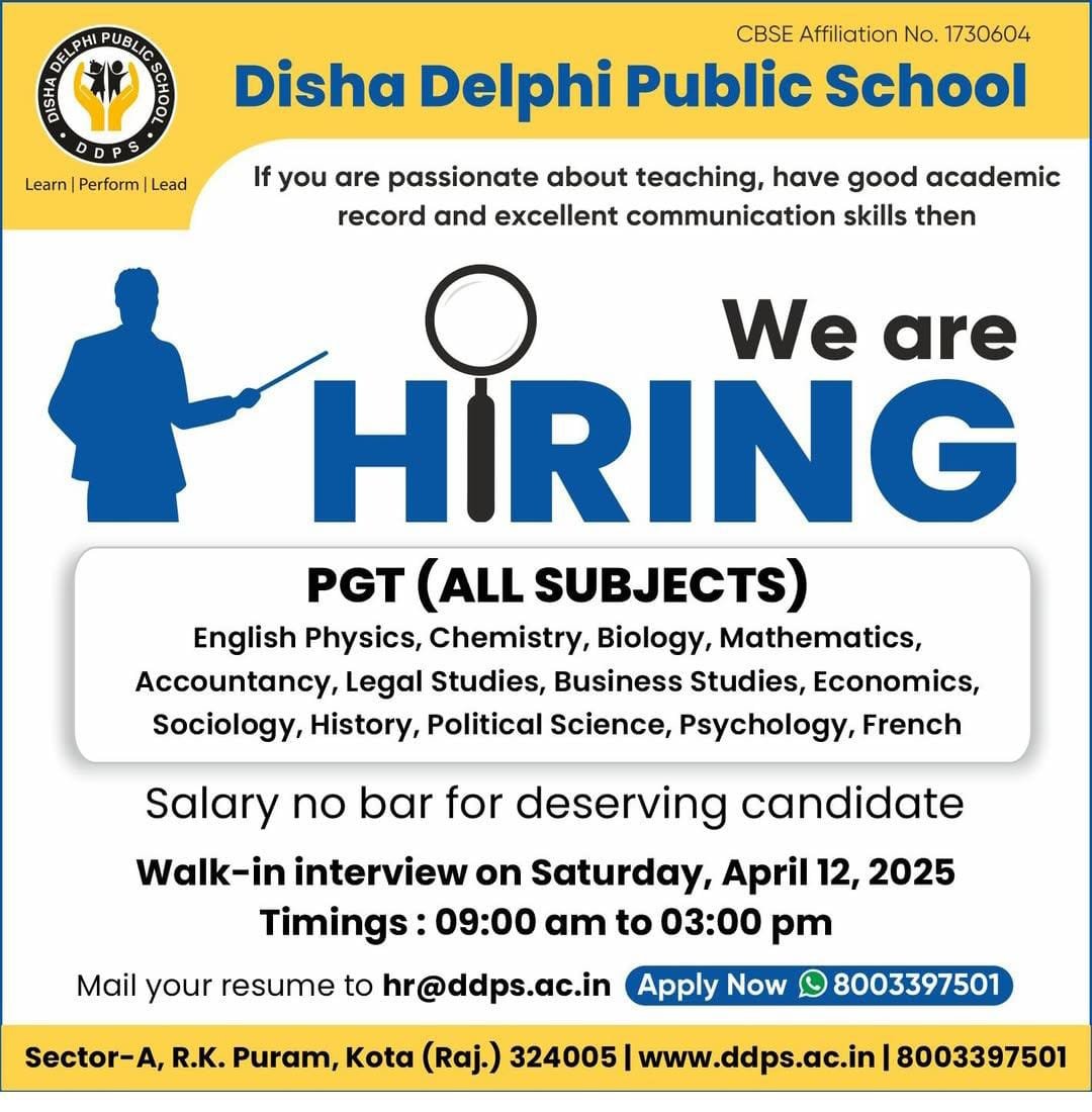 Teaching opportunity at Disha Delphi Public School,R.K. Puram, Kota,Rajasthan