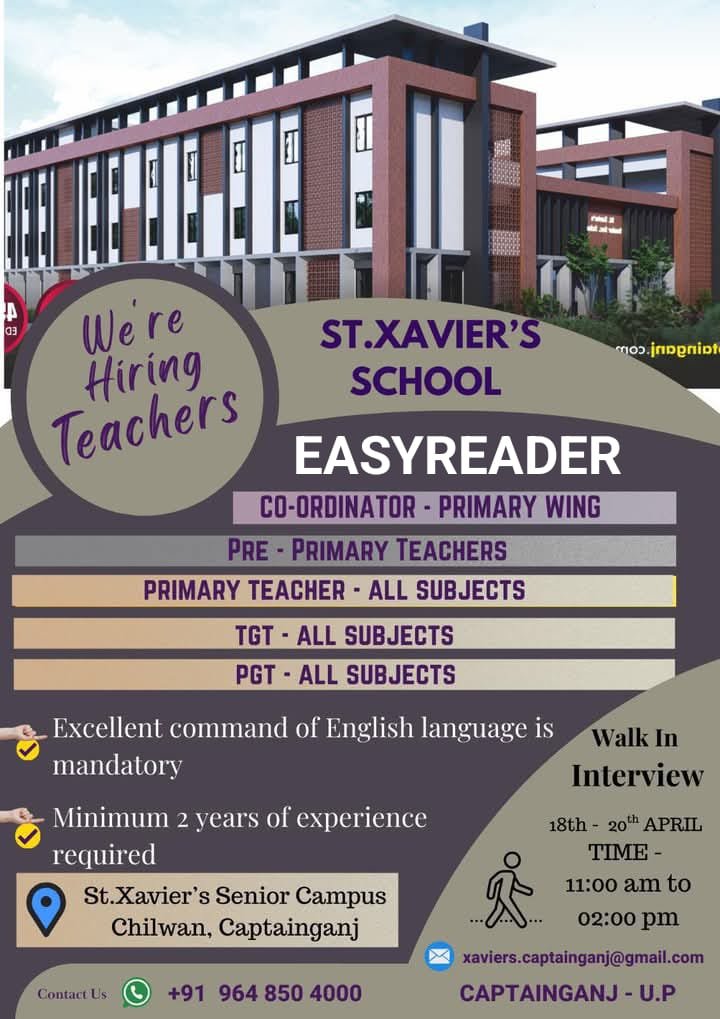 Teaching job in St. Xavier’s School ,Captainganj , Kushinagar ,Uttar Pradesh