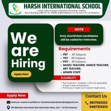 Teaching job in  Harsh International School ,Jind ,Haryana
