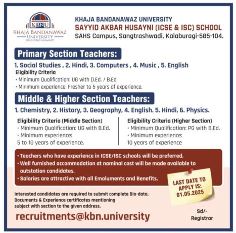 Teaching job in  Khaja Bandanawaz University-Sayyid Akbar Husayni (ICSE & ISC) School,Sangtrashwadi,Kalaburagi, Karnataka