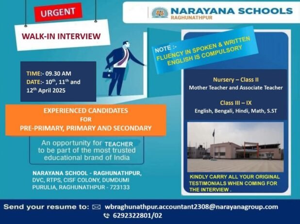 Job Opportunity at Narayana School – Raghunathpur, West Bengal