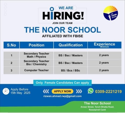 Teacher Vacancies at The Noor School, Rawalpindi Cantt, Punjab