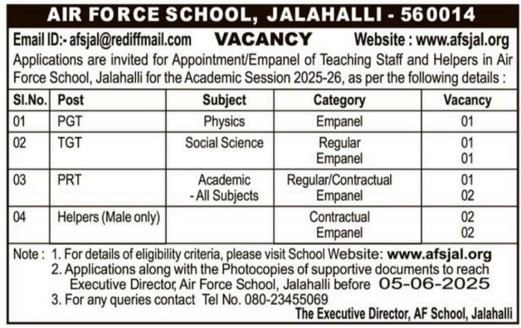 Teachers job in Jalahalli | Air Force School, Bangalore, Karnataka
