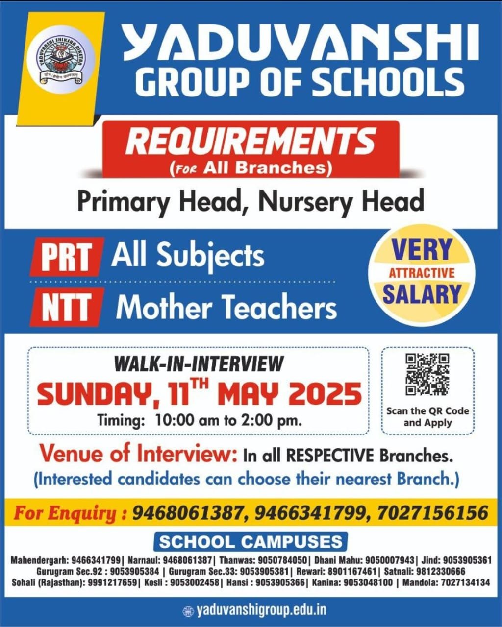 Teaching Jobs at Yaduvanshi Group of Schools β Apply Now for PRT, NTT, Nursery & Primary Head Positions