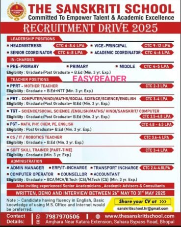 Teaching Vacancies at The Sanskriti School, Bhopal, Madhya Pradesh