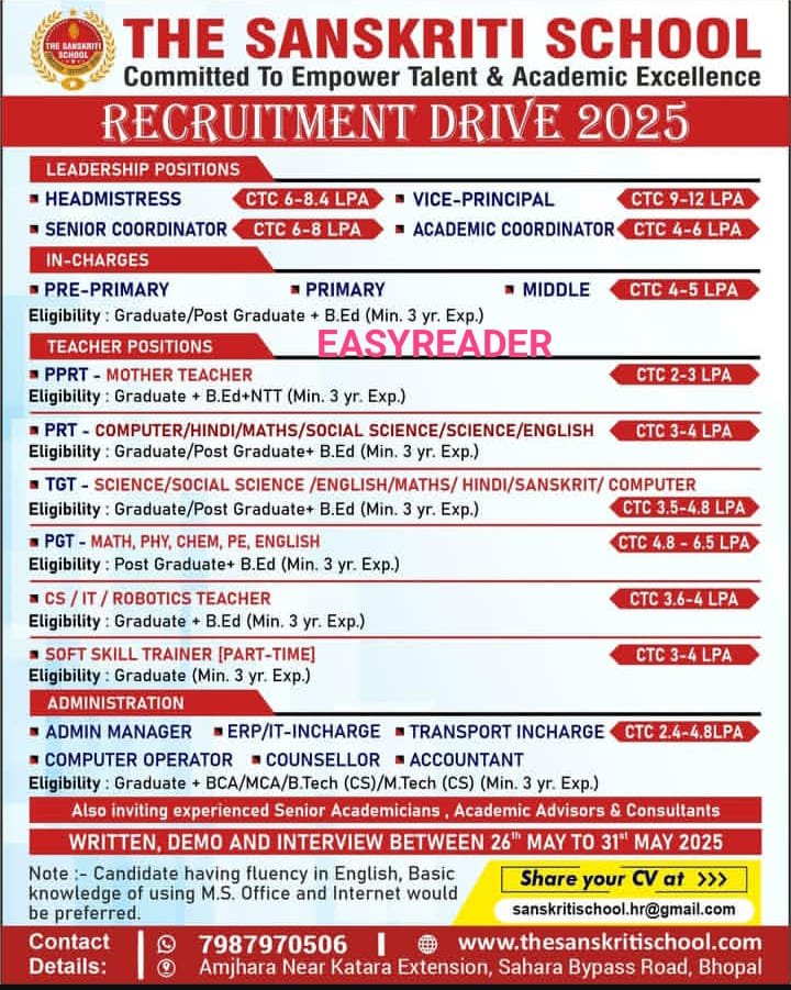 Teaching Vacancies at The Sanskriti School, Bhopal, Madhya Pradesh