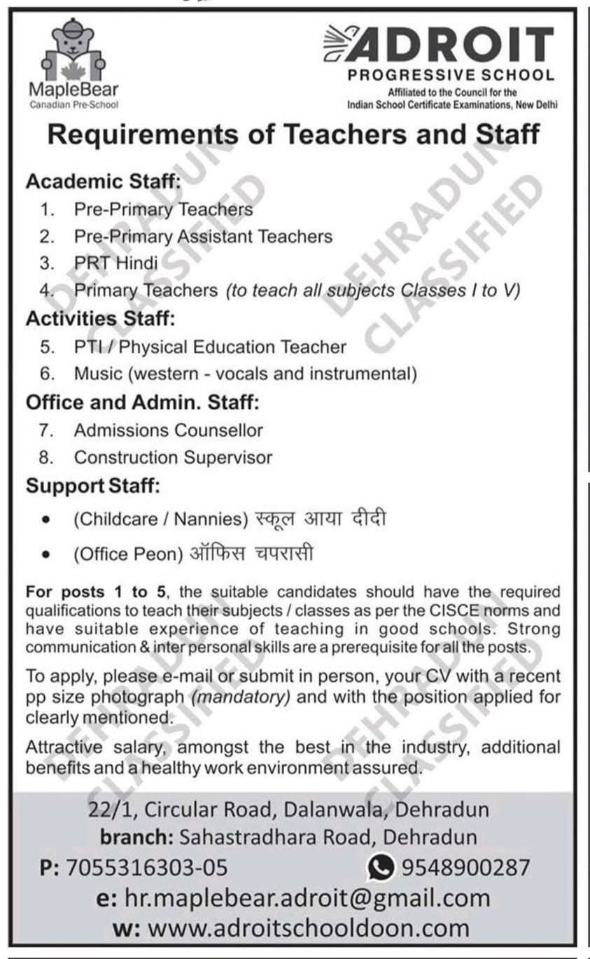 “Hiring Teachers & Staff at Adroit Progressive School, Dehradun – Apply Now for Top Teaching Jobs 2025!”