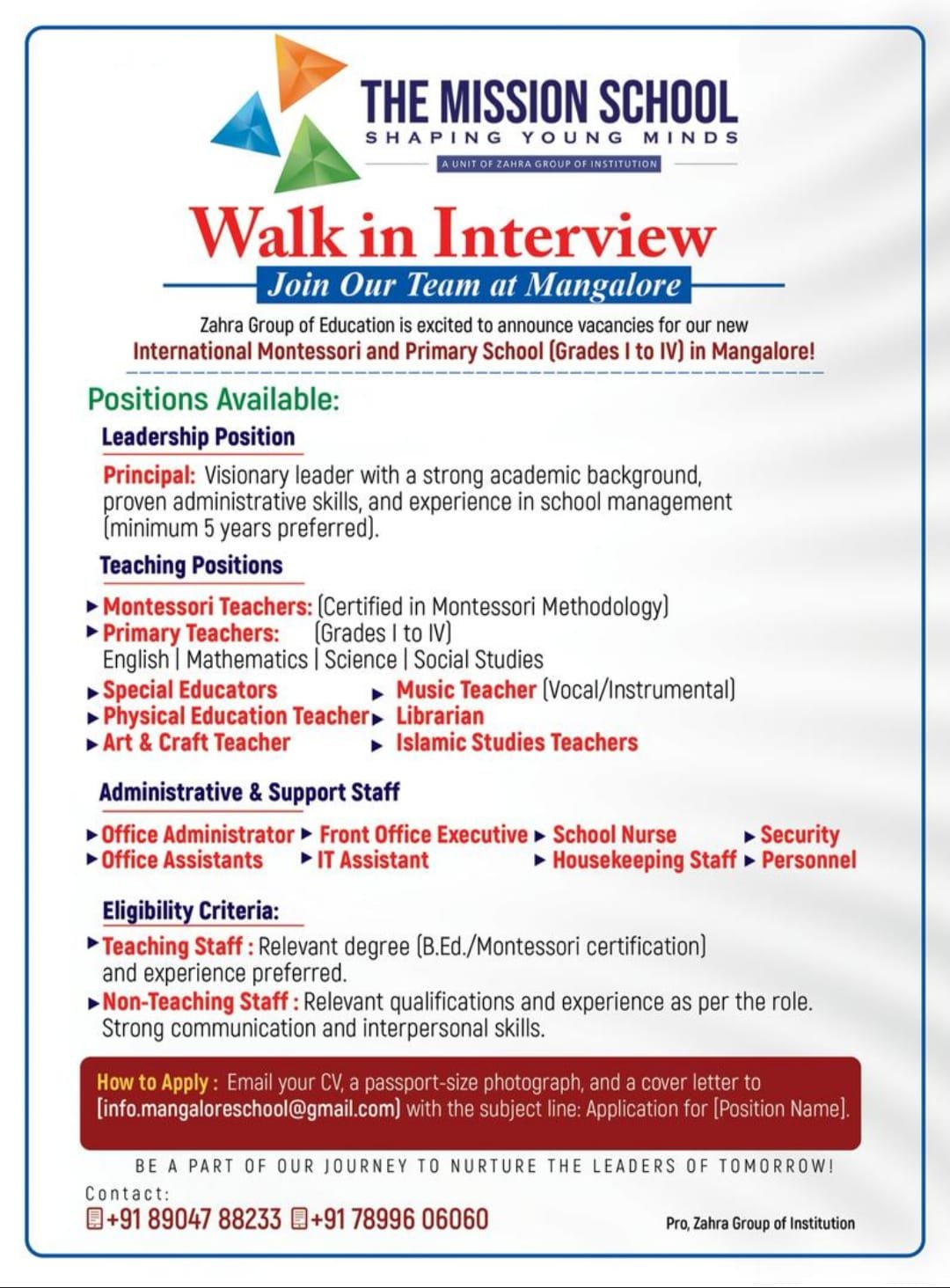 The Mission School, Mangalore – Hiring Montessori & Primary Teachers | Walk-in Interviews | Apply Now for Top Teaching Jobs in Karnataka!