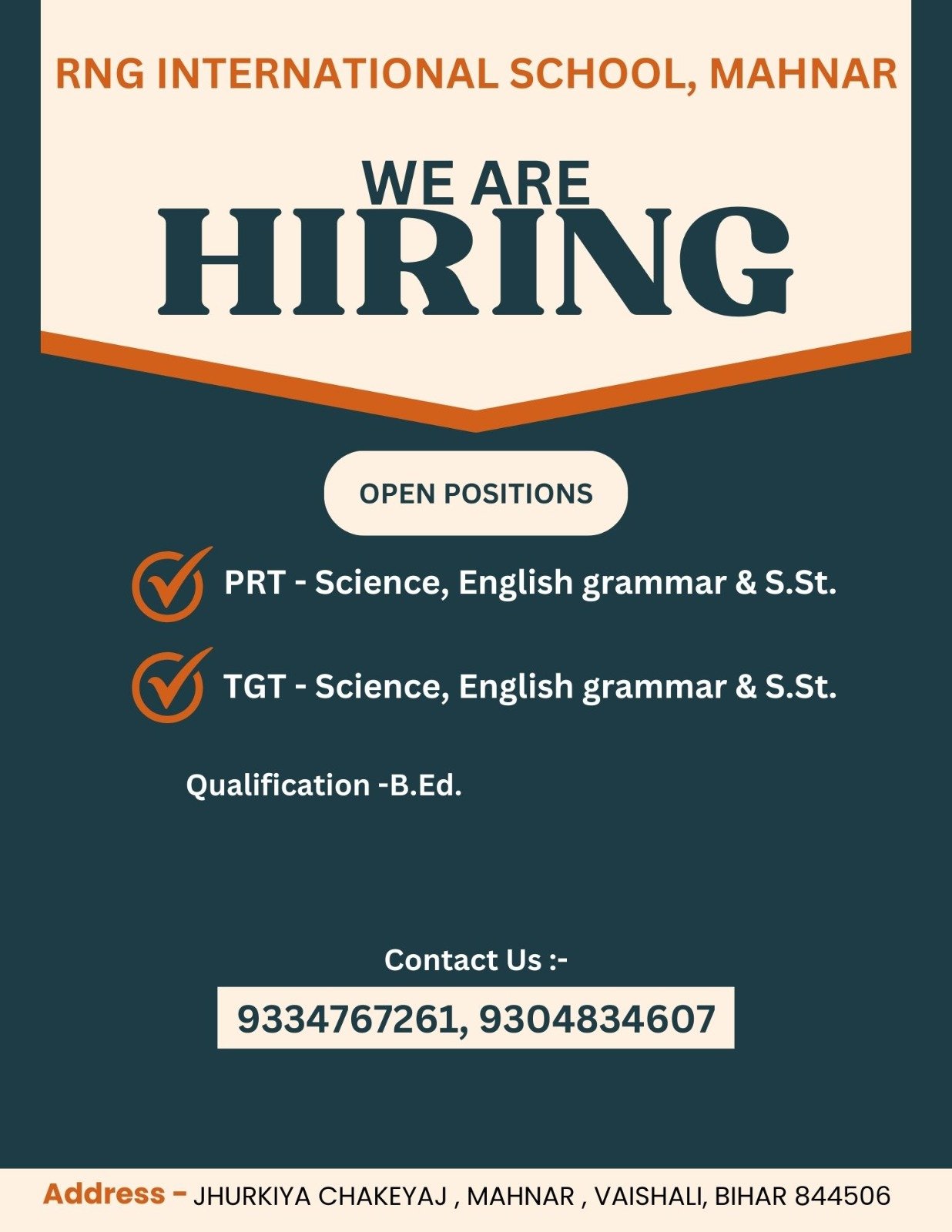 Teacher Vacancies at RNG International School, Mahnar, Bihar