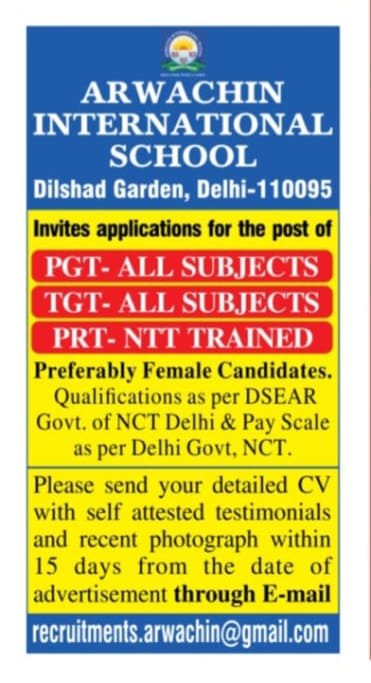 Teacher Vacancies at Arwachin International School, Delhi