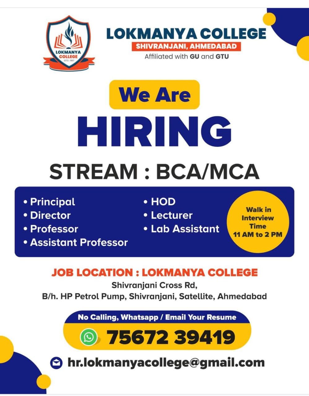 Teacher Job in Shivranjani/Lokmanya College,Shivranjani, Ahmedabad, Gujarat